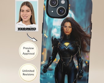 Funda personalizada para móvil con foto para mujer | Retrato de heroína futurista de ciencia ficción | Compatible con iPhone y Samsung