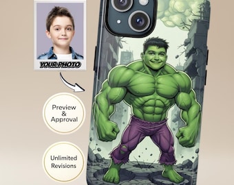 Funda personalizada para teléfono infantil con foto | Retrato de niño superhéroe verde al estilo Hulk (de 1 a 3 niños) | Compatible con iPhone y Samsung