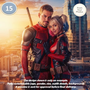 May include: A couple dressed in superhero costumes, one in red and black with a sword, the other in red and black with blonde pigtails. The image includes the text "From Your Photos" and "15". The design is fully customizable.