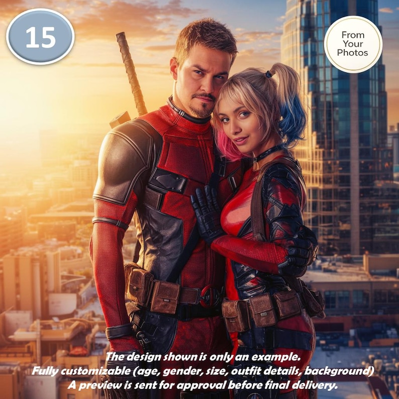 May include: A couple dressed in superhero costumes, one in red and black with a sword, the other in red and black with blonde pigtails. The image includes the text "From Your Photos" and "15". The design is fully customizable.