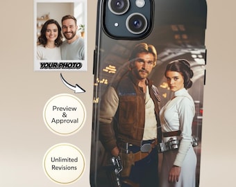 Funda personalizada para dos personas con tus fotos | Retrato de pareja de aventureros espaciales al estilo Star Wars | Para iPhone y Samsung