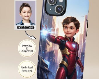 Funda personalizada para móvil infantil con tu foto | Retrato del superhéroe Iron Man (de 1 a 3 niños) | Compatible con iPhone y Samsung