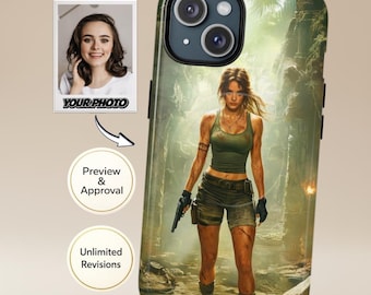 Funda personalizada para móvil, retrato de una mujer | Póster de una legendaria aventurera y exploradora al estilo de Lara Croft | Compatible con iPhone y Samsung
