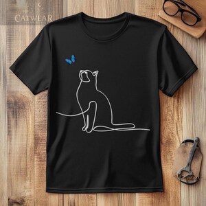 One Line Cat Art T-Shirt - Minimalist Cat and Butterfly Tee - Aesthetic Line Drawing Shirt - Bella Canvas 3001 Soft Cotton Top - Gift for