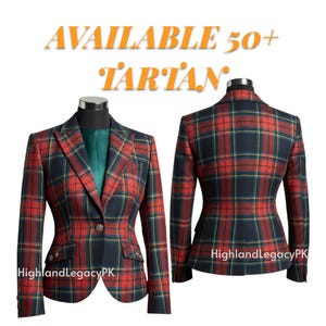 May include: A red, navy, and yellow tartan blazer displayed from the front and back. The blazer has a single button closure, two front pockets, and a green lining. The text "AVAILABLE 50+ TARTAN" is at the top. The text "HighlandLegacyPK" is at the bottom.