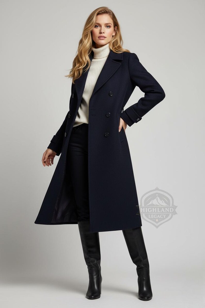 May include: A navy blue double-breasted coat with a long silhouette. The coat features a classic design with a notched collar, button closures, and long sleeves. The model is wearing a white turtleneck and black boots.