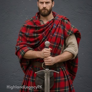 May include: A person wearing a traditional Scottish kilt and plaid shawl in a red and green tartan pattern. The person is holding a long silver sword. A leather belt and sporran complete the outfit. The text "HighlandLegacyPK" is visible.