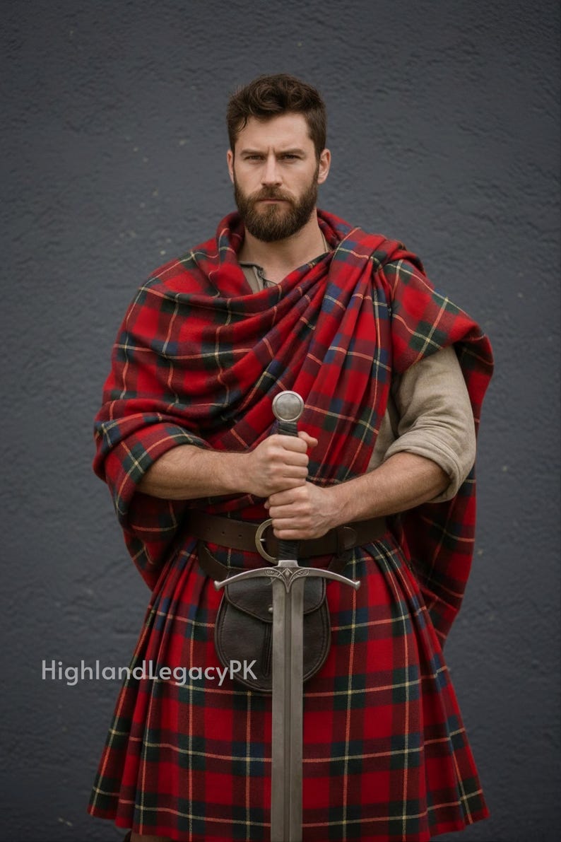 May include: A person wearing a traditional Scottish kilt and plaid shawl in a red and green tartan pattern. The person is holding a long silver sword. A leather belt and sporran complete the outfit. The text "HighlandLegacyPK" is visible.
