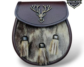 Sporran de cuero hecho a mano con emblema de ciervo / Accesorio para vestir en las Tierras Altas de Escocia / Bolsa tradicional para sporran para hombre