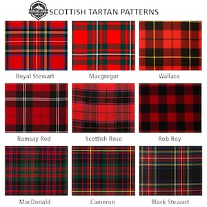 May include: A grid of nine Scottish tartan patterns, each with a unique design. The tartans feature various combinations of red, green, black, and yellow. The text "Scottish Tartan Patterns" is at the top, with the Highland Legacy logo.