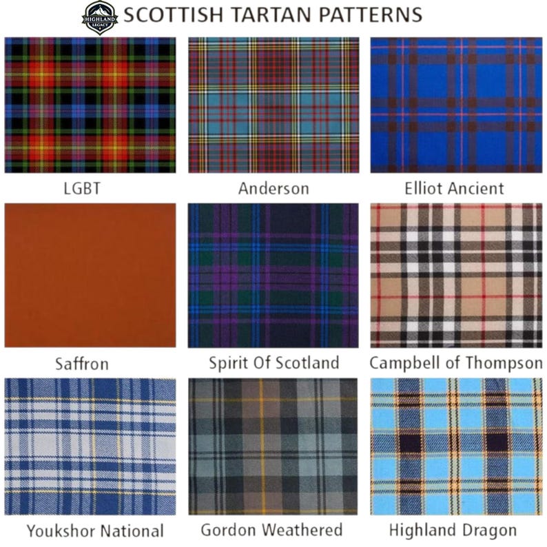 May include: A grid of nine Scottish tartan patterns, each with a unique design and color scheme. The patterns include LGBT, Anderson, Elliot Ancient, Saffron, Spirit Of Scotland, Campbell of Thompson, Youkshor National, Gordon Weathered, and Highland Dragon.