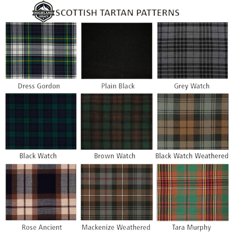 May include: A collection of nine Scottish tartan patterns. The patterns include Dress Gordon, Plain Black, Grey Watch, Black Watch, Brown Watch, Black Watch Weathered, Rose Ancient, Mackenize Weathered, and Tara Murphy.