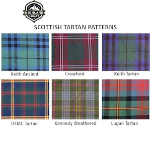 May include: Image showcasing six different Scottish tartan patterns. The patterns include Keith Ancient, Crawford, Keith Tartan, USMC Tartan, Kennedy Weathered, and Lugan Tartan. Each pattern features a unique combination of colors and grid designs.