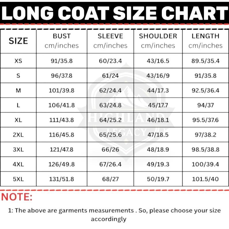 May include: A size chart for long coats, displaying measurements in both centimeters and inches. The chart includes bust, sleeve, shoulder, and length measurements for sizes XS to 5XL. The text at the bottom advises to choose size accordingly.