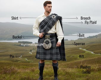 Scottish Men's Antique Stag Head 10-Piece Kilt Outfit - Highland Wedding & Events Kilt Set