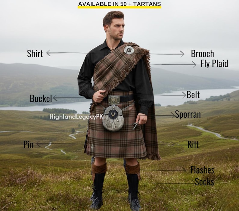Scottish 10-Piece Kilt Outfit Men's Antique Stag Head - Highland Wedding Kilt Set image 1