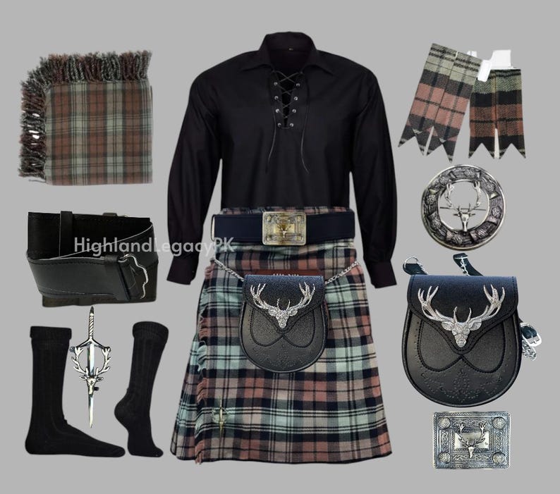 Scottish 10-Piece Kilt Outfit Men's Antique Stag Head - Highland Wedding Kilt Set image 2