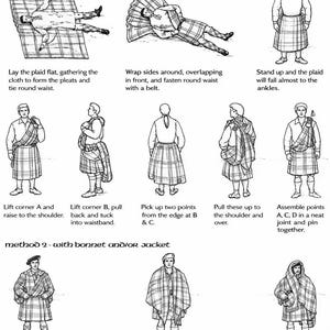 May include: Black and white illustrated guide on wearing the great plaid. Instructions include wrapping, pleating, and securing the plaid with a belt. Method 2 shows how to wear the plaid with a bonnet or jacket.