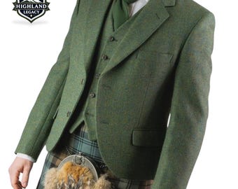 Olivgrüne Argyle-Jacke + Weste – Herren-Schottenrock Hochzeitsanzug | Hochland-Mode