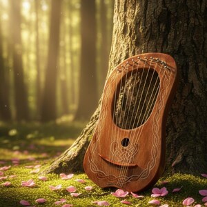 May include: A wooden lyre with strings, resting against a tree in a forest. The instrument has decorative carvings and is surrounded by pink flower petals on the mossy ground. The background shows a blurred view of trees.