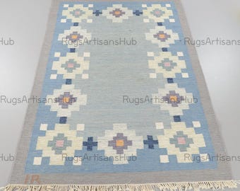 Alfombra Kilim azul tejida a mano / Tejido plano de lana escandinava, estilo geométrico vintage