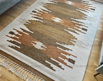 Brown Kilim Rug | Handwoven Wool Flatweave, Geometric Tribal Design