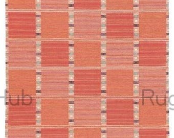 Handwoven Flatweave Kilim Wool Area Rug with Terracotta Coral & Peach Checkered Geometric Pattern – Handmade Tribal Boho Rug for Living Room