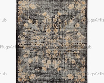 Handgeknüpfter Vintage Style Blumenteppich | Dunkelgrauer Orientteppich | Moderner beunruhigter traditioneller Teppich | Wohnzimmer Schlafzimmer Dekor