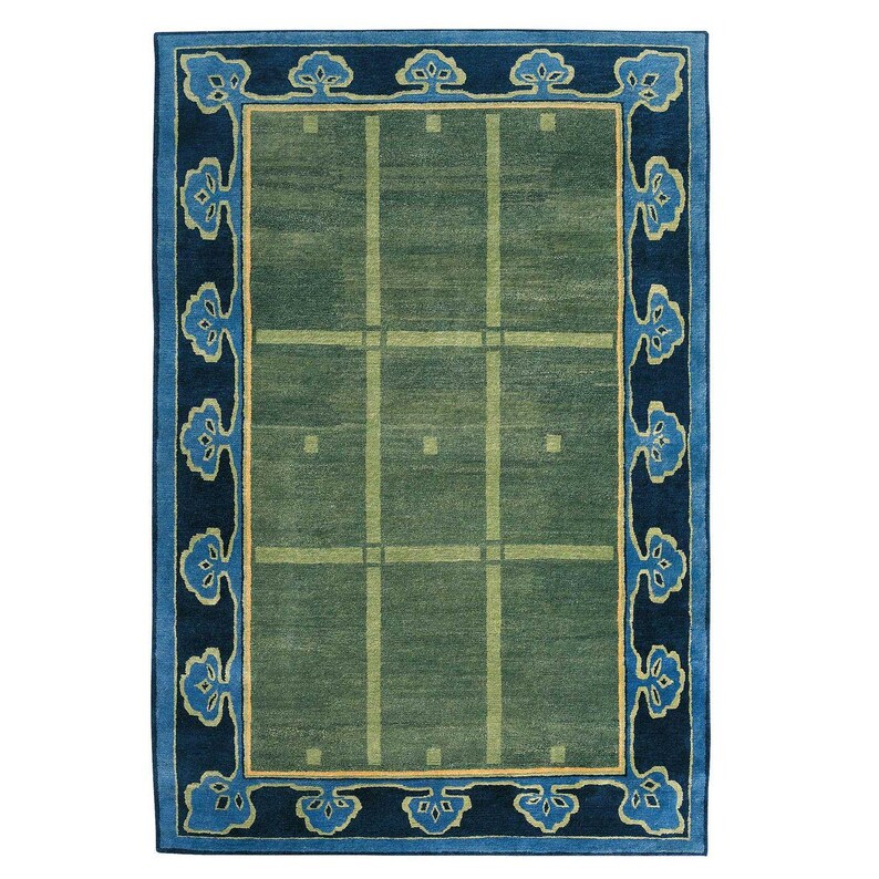 Handmade Green Blue Rug, Modern Border Rug, Hand Knotted Wool Rug ...