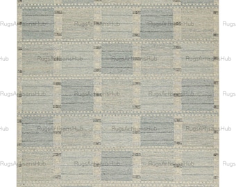 Handwoven Wool Kilim Rug: Light Blue Checkered Flatweave
