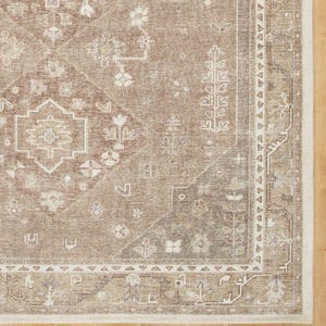 Puede incluir: Primer plano de una alfombra rectangular desgastada con un patrón tradicional y ornamentado. La alfombra presenta una paleta de colores apagados de marrón, beige y crema, con un borde detallado y un diseño de medallón central. La alfombra está colocada sobre un suelo de madera clara.