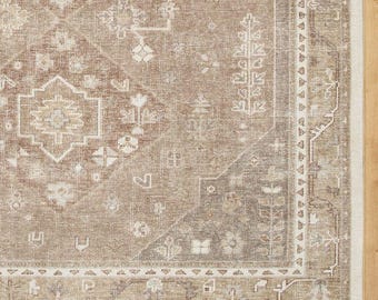 Vintage Neutral Oushak Style Handgeknüpfter Teppich in Beige & Braun, Beunruhigter traditioneller Wollteppich für Wohnzimmer Esszimmer