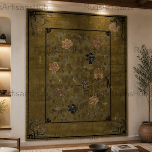 Alfombra Oushak verde oliva, alfombra de lana anudada a mano, alfombra de estilo turco vintage, alfombra floral, alfombra oriental, alfombra para sala de estar, alfombra personalizada