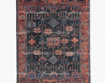Handgeknoopt tribal vloerkleed | Oosters tapijt marineblauw en roest | Geometrische wollen vloerkleed | Boho-decor in vintagestijl | Handgemaakt vloerkleed woonkamer