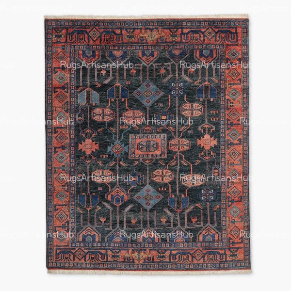 Hand Knotted Tribal Rug | Navy Blue & Rust Oriental Carpet | Geometric Wool Area Rug | Vintage Style Boho Decor | Living Room Handmade Rug