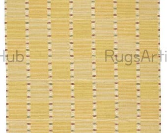 手織りウールキリムラグ 63×96cm マスタードイエロー×オフホワイト 新品 スウェーデンスタイルのマスタードイエローキリムラグ
