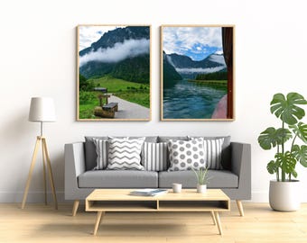 Alpes, bosque, Königssee, montaña, niebla, paisaje, impresión en lienzo, arte de pared, arte de pared en lienzo, regalo, decoración de habitación, listo para colgar.