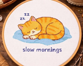 Orange Tabby Cat Cross Stitch Pattern: Cozy Sleeping Cat, Slow Mornings, Modern PDF Download