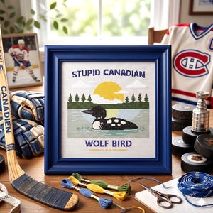 Stupid Canadian Wolf Bird Cross Stitch Pattern | Heated Rivalry Inspired | Funny Hockey Fandom Embroidery | Quote Sampler PDF