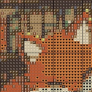 以下が含まれることがあります： オレンジ、茶色、クリーム色で描かれたキツネの顔のクロスステッチパターン。ハート、星、矢印などのシンボルが組み込まれ、詳細で質感のある外観を作り出しています。パターンはグリッド正方形に分割されています。