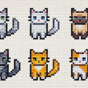 Puede incluir: Seis diseños de gatos en pixel art en varios colores, incluyendo gris, blanco, marrón, naranja y negro. Cada gato tiene un patrón de color único y se representa en posición sentada con la cola enroscada. Los gatos están bordados sobre una tela beige claro.