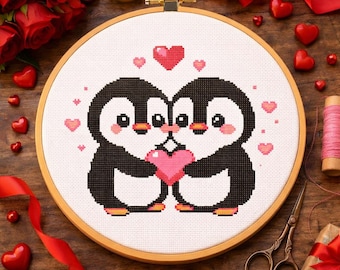Schema punto croce pinguino di San Valentino: simpatica coppia di pinguini, ricamo d'amore minimalista, punto facile per principianti, design regalo di San Valentino