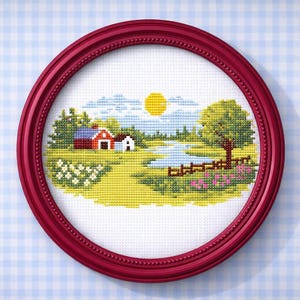 Countryside Cross Stitch Pattern, Cottagecore Landscape Embroidery Design, Farm Scene Cross Stitch, Barn House Nature Pattern, PDF Download