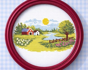 田園風景のクロスステッチパターン、コテージコア風景の刺繍デザイン、農場風景のクロスステッチ、納屋の家の自然模様、PDFダウンロード