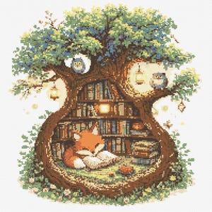以下が含まれることがあります： 木型の図書館と眠っているキツネのクロスステッチデザイン。木には緑のキャノピー、本棚、2羽のフクロウがあります。ランタンが枝から吊り下げられています。キツネはオレンジと白で、枕の上に休んでいます。