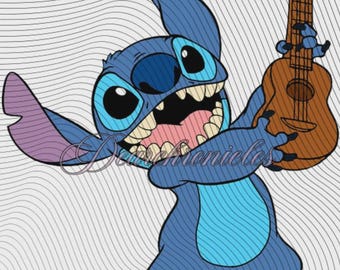 Stitch Holding a Ukulele Digital Sticker: Hand-Drawn PNG, Svg, JPG, PDF