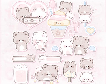 Cat and Bear Sweethearts: Digital Planner Stickers (PNG, Precropped Goodnotes Sticker Sheet)