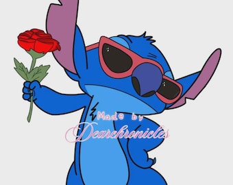 Stitch Giving a Rose Digital Sticker: Hand-Drawn PNG, JPG, PDF