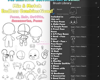 143 Procreate Character Customisation Brushes: Heads, Faces, Hairstyles, Outfits, Poses, Accessories and More