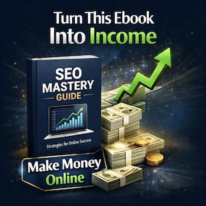 Puede incluir: Una imagen promocional con un libro azul oscuro titulado "SEO Mastery Guide" y el texto "Strategies for Online Success". La imagen también incluye montones de dinero en efectivo, monedas de oro y el texto "Make Money Online" y "Turn This Ebook Into Income."